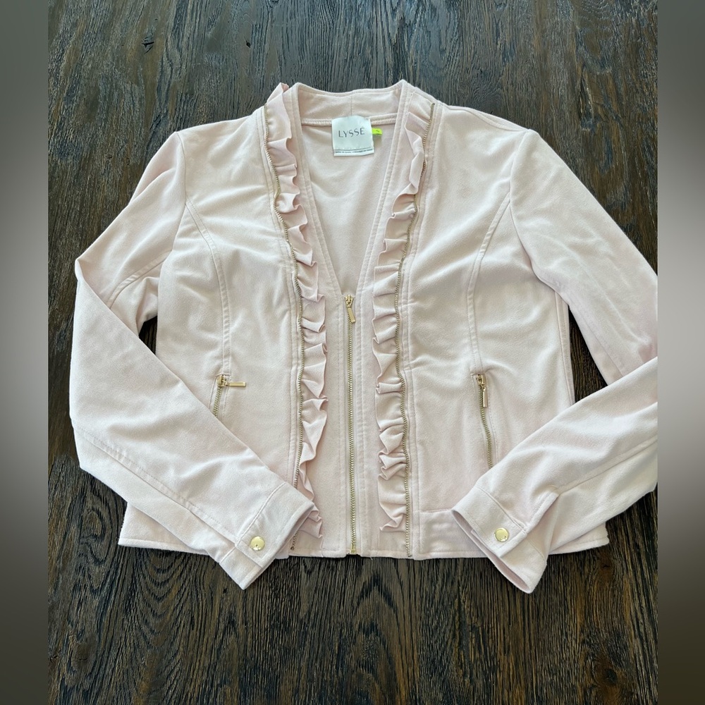 Lysse Women’s Soft Pink Ruffle Zip Up Vegan Suede Cardigan Size S